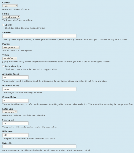 jQuery minicolors widget settings