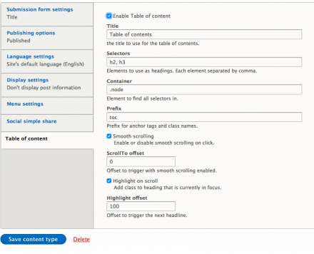 Toc.js settings per content type