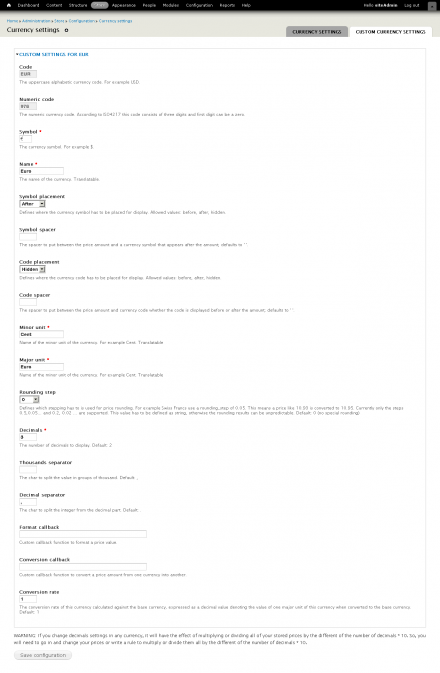 Commerce Currency Settings