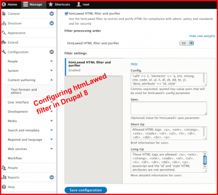 Screenshot / configuring htmLawed filter in Drupal 8