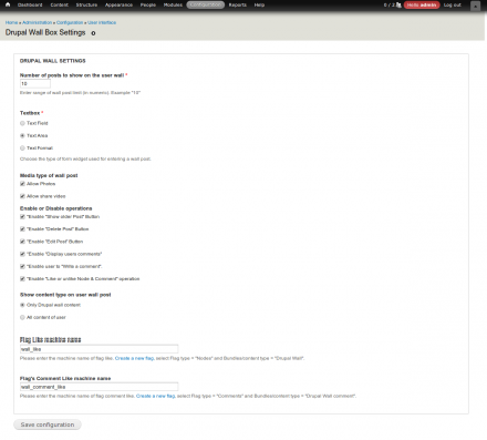 Drupal Wall Configuration scrrenshot