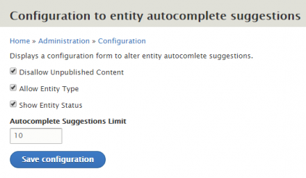 Entity Autocomplete suggestions configuration form