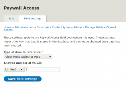 Example Field Settings for View Mode Switcher Reference Field