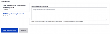 Filter settings for CKEditor pattern replace module