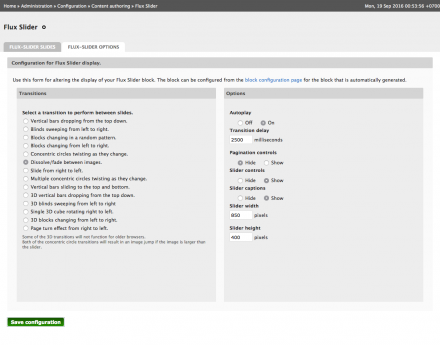 Flux Slider module slider display configuration page screenshot