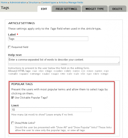 Enabling popular tags on a content-type field