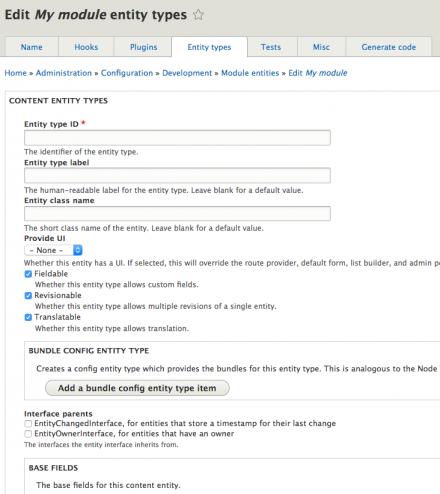 Screenshot of the entity types form.