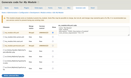 Screenshot of the code generation form.