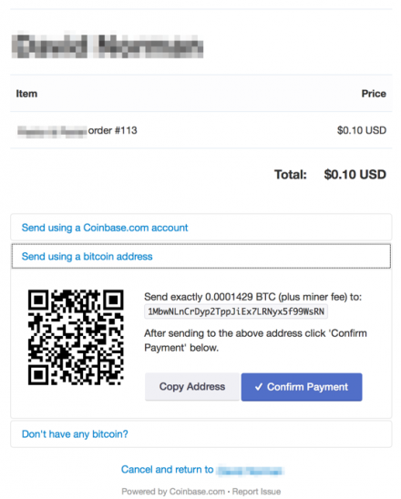 Invoice hosted on coinbase.com