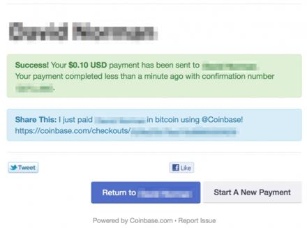 Successful payment notification for hosted invoice on coinbase.com