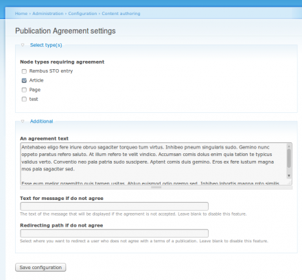 Publication Agreement:  Module settings page.