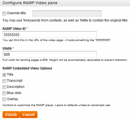 RAMP Video Pane configuration settings
