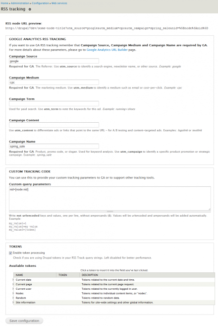 Google Analytics RSS Track settings form