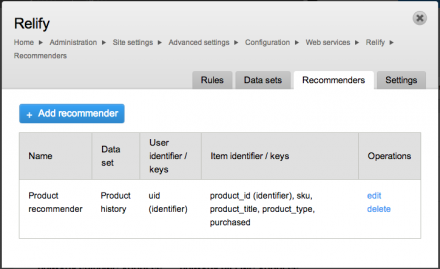 On-site configuration of Relify recommenders.