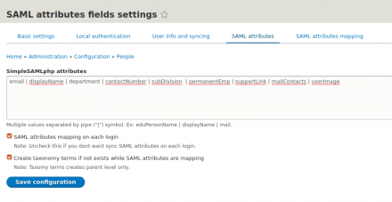 SAML attributes field settings
