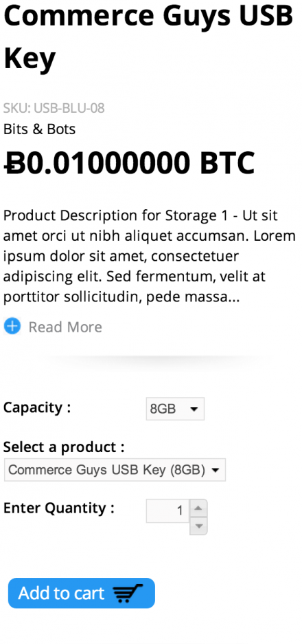 Commerce Kickstart screenshot showing USB key priced at 0.01 BTC