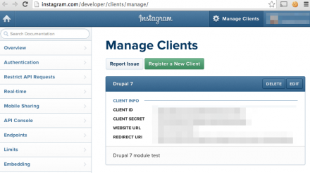 Instagram API console manage clients screen