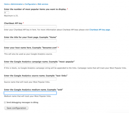 Chartbeat Most Popular Configuration Page