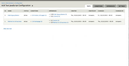 Screenshot of the Test configuration page, showing all tests that have been entered, along with the Experiences and Conditions that apply for each test
