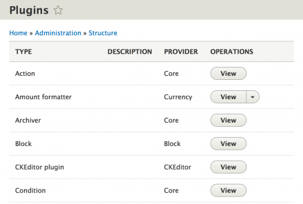 The plugin type overview at Administer > Structure > Plugins.