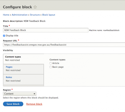 Screenshot of Feedback Assist Drupal 8 configuration options 