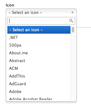 A drop down/select menu labelled 'Icon'. It is expanded and showing a variety of different brand names