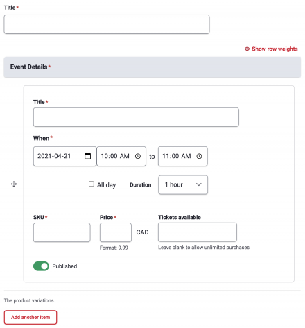 Screen capture of the dialog to create an event for registration