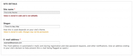 Admin form showing a locked setting and a warning about an exported setting.