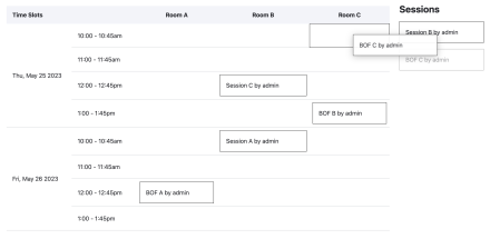 A grid display that allows for drag-and-drop scheduling of sessions