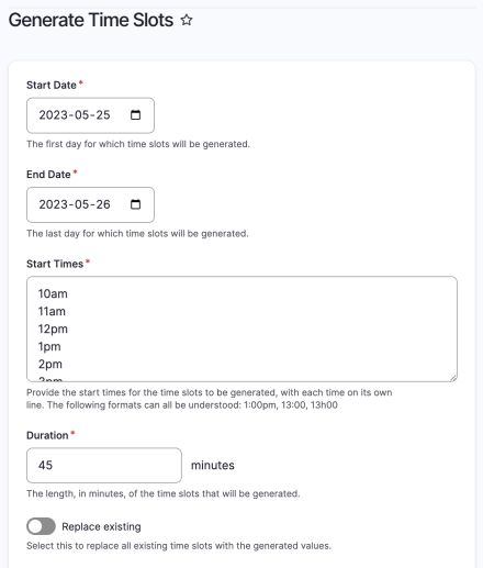 A form that allows multiple time slots to be created in a single step