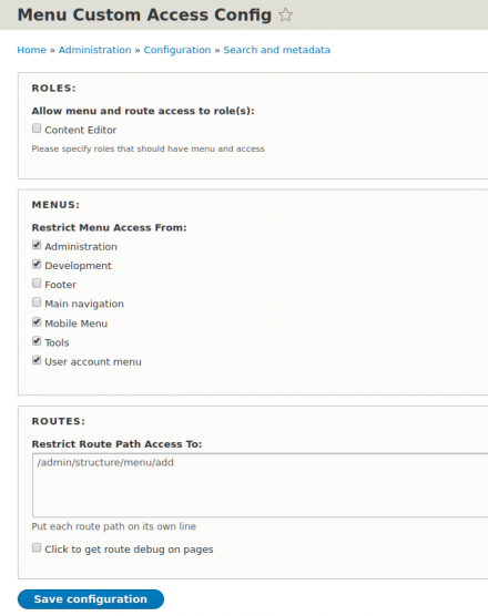 Menu Custom Access configuration page