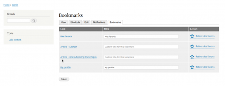 Screenshot of a the default Bookmarks views, displayed in a tab on User pages.