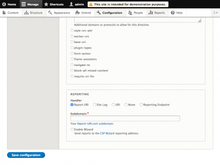 Content Security Policy Module Configuration Form - Reporting Options