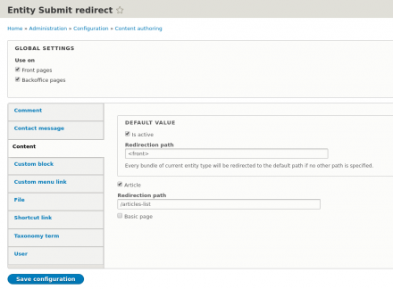 Entity Submit Redirect settings form.