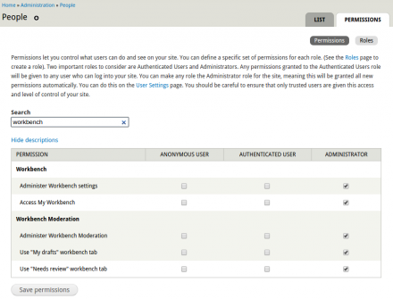 Instant Filter module in use on the admin/people/permissions page