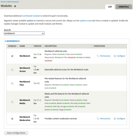 Instant Filter module in use on the admin/modules page