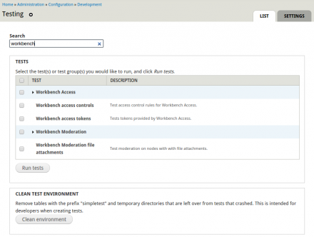 Instant Filter module in use on the admin/config/development/testing page