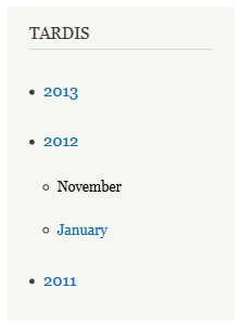 Image depicting a Drupal block with an indented list of years and months.