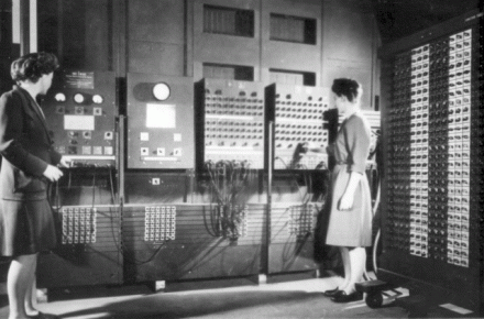 a photo of Jean Bartik and her colleague working on the ENIAC computer 