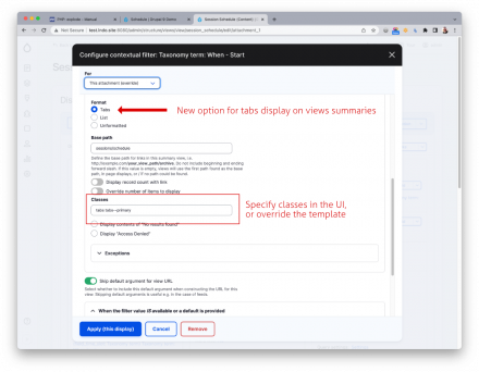 New options in the views admin UI to set the summary values to display as tabs, and provide classes