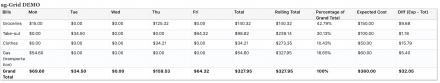 Weekly expense demo with auto calculation columns and rows