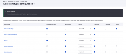 A Drupal administration page showing checkboxes and one dropdown for multiple content types to edit display, revision, preview, published, promoted, sticky all at once.