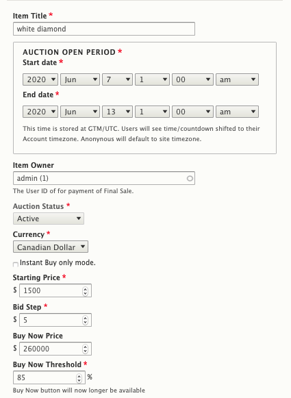 add/edit Auction Item form