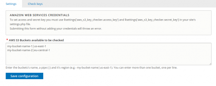 AWS S3 Key Checker settings page