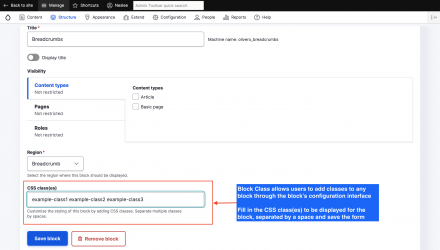 CSS classes field added by the Block Class module on Block configuration form.