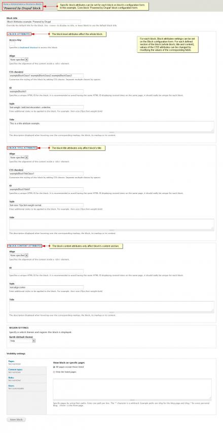 Screenshot of the Block Attributes configuration fields added by the module on the Block Configuration forms.