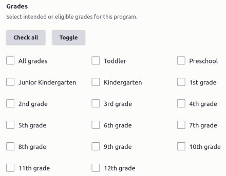 Three columns of checkboxes with 'Check all' and 'Toggle' buttons above them.