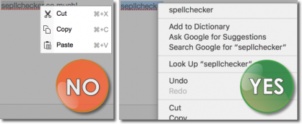 Image of CKEditor context menu (with "NO" on it) and Browser context menu (with "YES" on it)