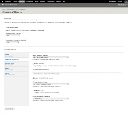 A screenshot of the clean markup configuration fieldset for blocks.