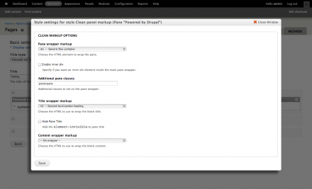 A screenshot of the Clean panels markup pane-style configuration form.